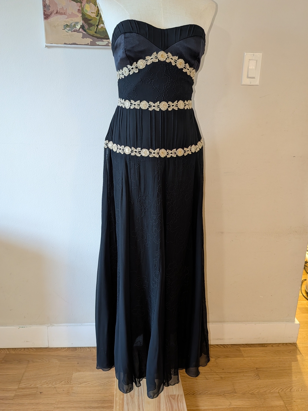 Kay Unger Black Silk Strapless Gown with Gold Floral Lace Bands